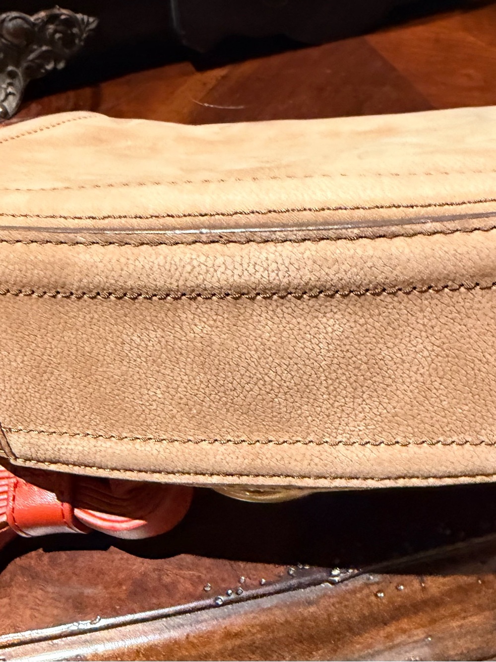 Tory Burch River Rock Mini Leather Bag Tan Suede Saddle Crossbody w/ Red Tassel - Picture 4 of 7